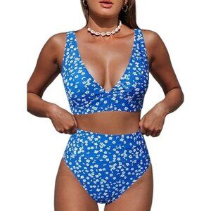 Hilinker Women's LARGE Leopard Bikini Swimsuit High Waisted 2 Piece Blue Floral